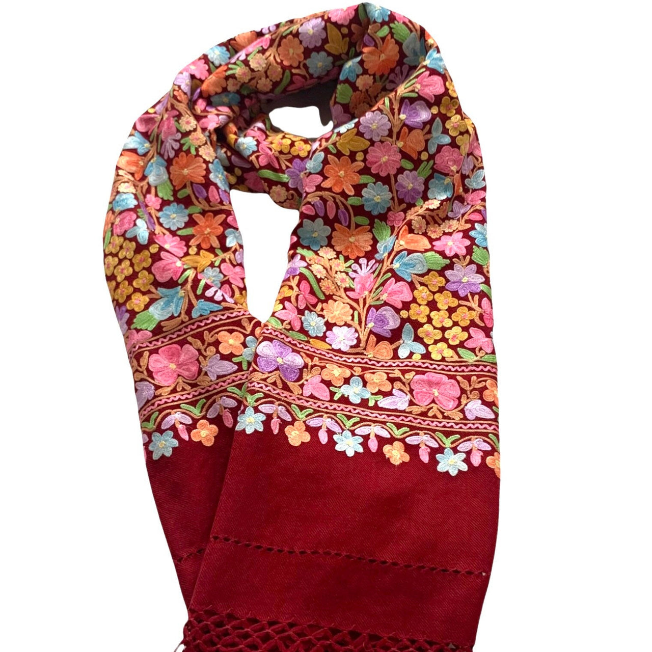 Stunning Floral Burgundy Scarf  Shawl  Women’s Wrap Stole Multi-Colored Embroidered  Stole