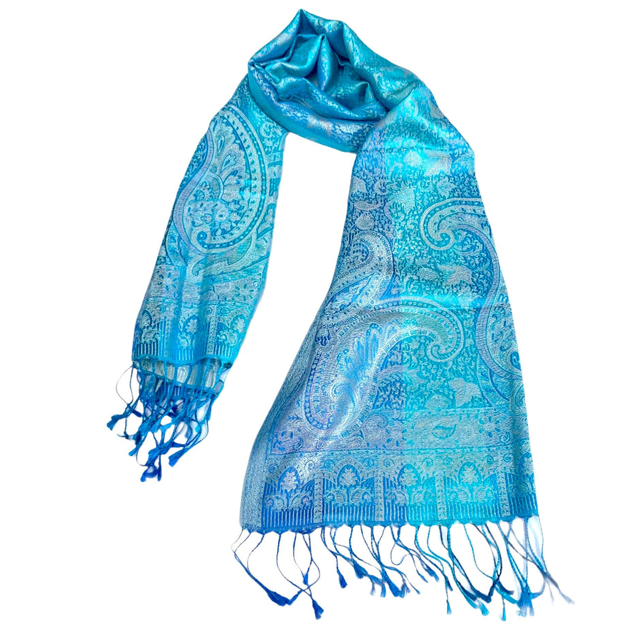 Silk Paisley Design Turquoise Blue Maple Leaf with Scarf Wrap Stole Shawl