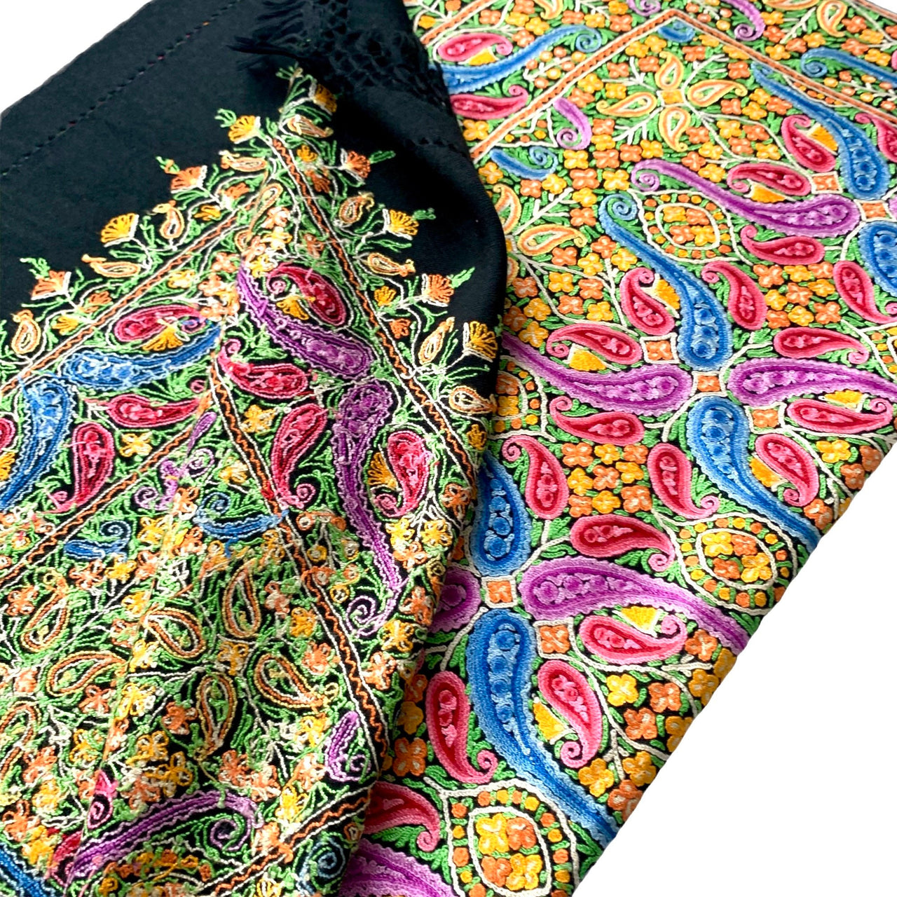 Stunning Black Wool Shawl  Multi-Coloured Silk Embroidered Scarf Stole women’s Wrap