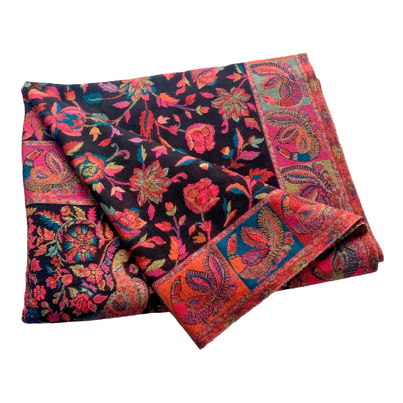Gorgeous Black Multicoloured Reversible Wool pashmina Kani Floral Paisley Shawl Scarf Wrap Stole