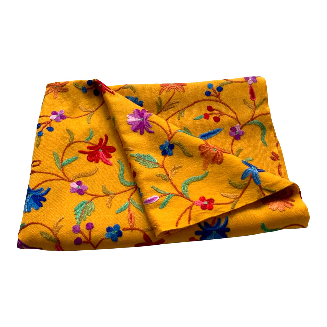 Stunning Yellow Wool Shawl  Multi-Coloured Silk Embroidered Scarf Stole Women’s Wrap