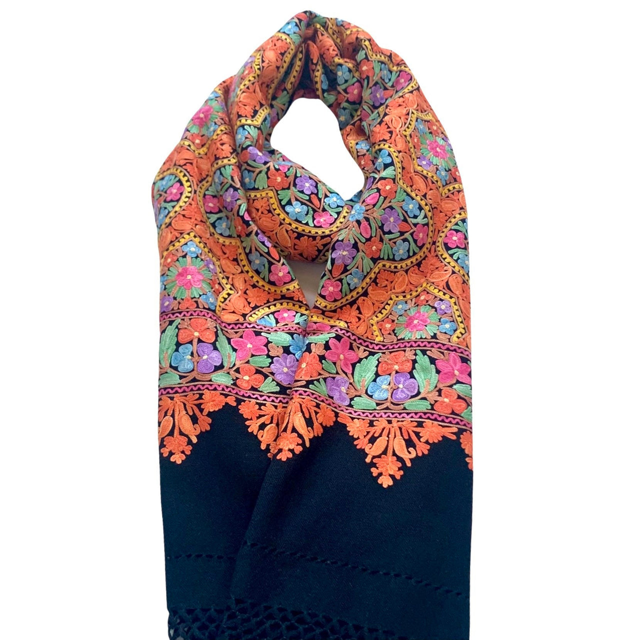 Stunning Floral Embroidered Wool Shawl Multi-Coloured Scarf Stole Women’s Wrap