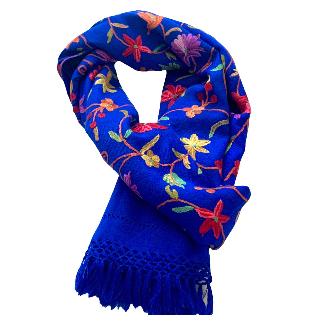 Stunning  blue Multicoloured Hand embroidered wool Shawl/scarf/wrap