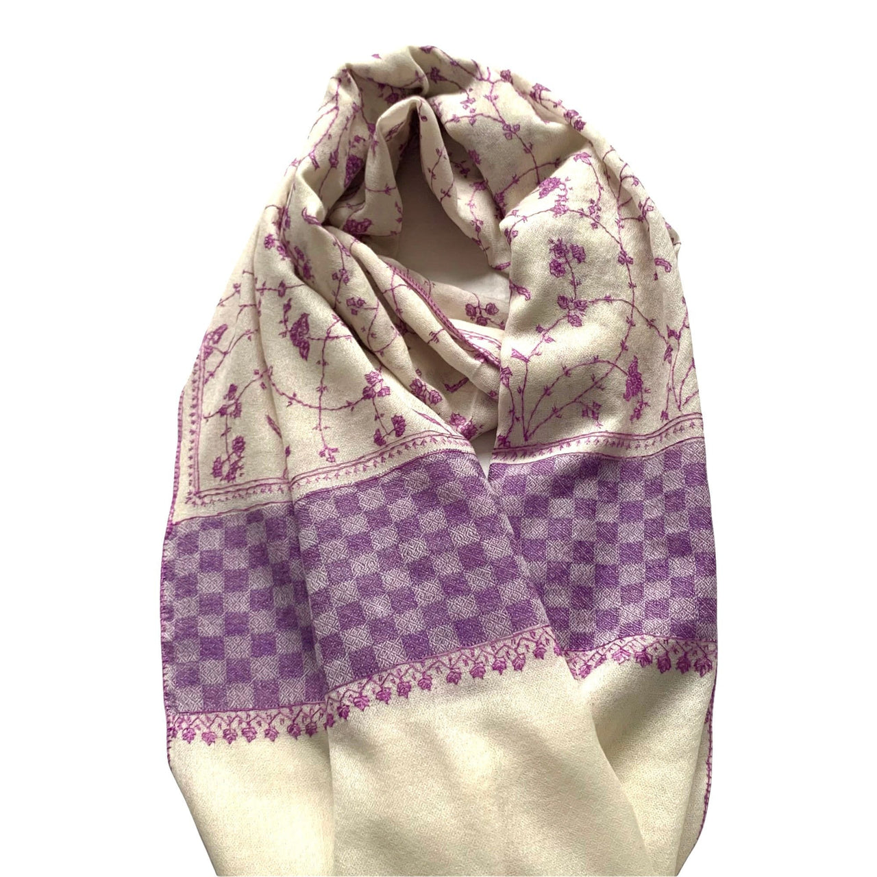Gorgeous Cream with Lavender Checkered pal kalam Needle  Hand embroidered shawl/Scarf/Wrap/Stole