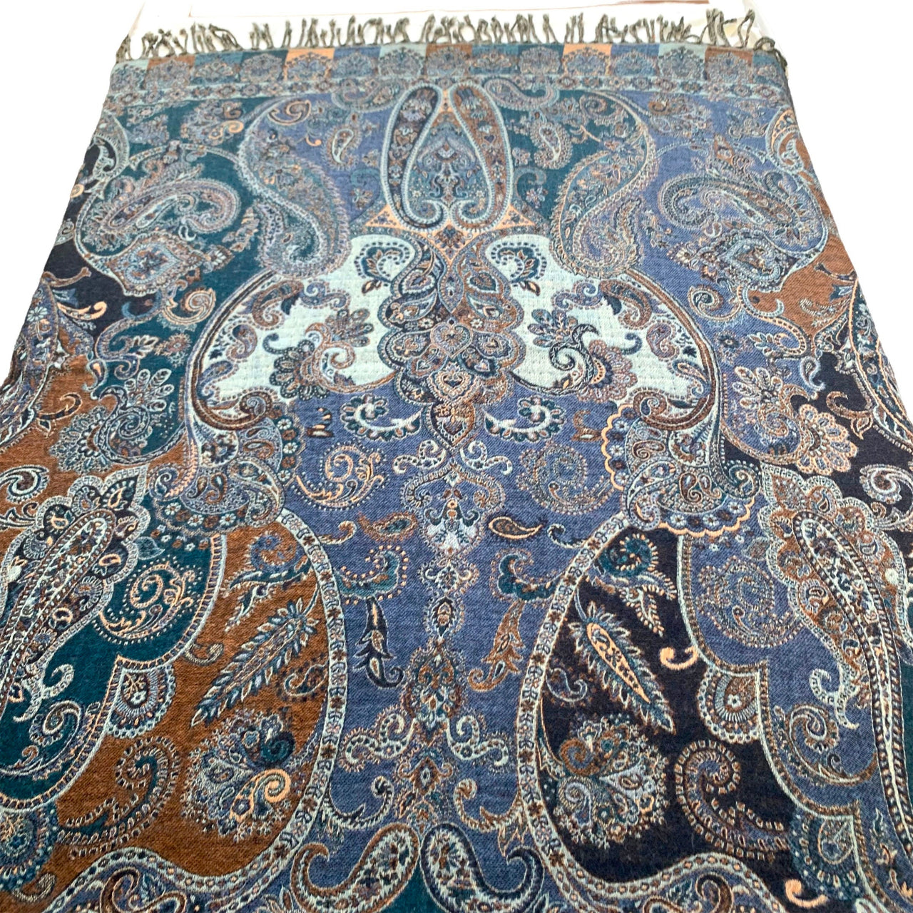Blue Teal Multicoloured Paisley Boiled Wool Reversible Blanket Bed Throw Wrap