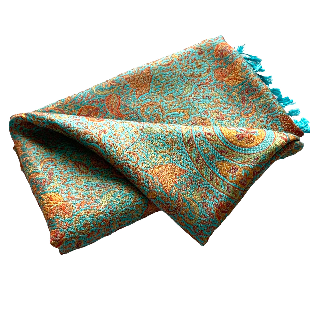 Turquoise Orange Paisley Silk Scarf Wrap Stole