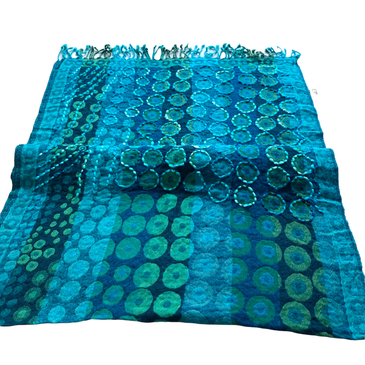 Teal Hand Embroidered Boiled Merino Wool Scarf Shawl Wrap Stole