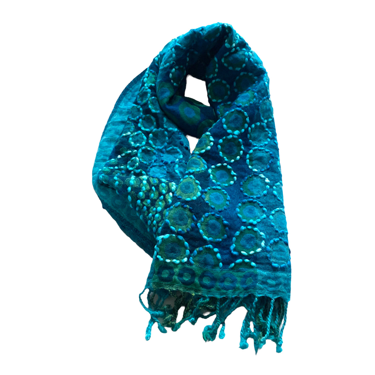 Teal Hand Embroidered Boiled Merino Wool Scarf Shawl Wrap Stole