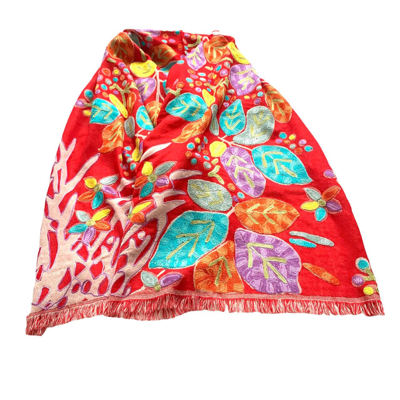 Red Multicoloured Floral Embroidered Thick Merino Wool Scarf Shawl Wrap Stole