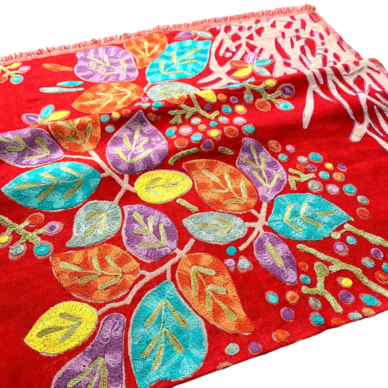 Red Multicoloured Floral Embroidered Thick Merino Wool Scarf Shawl Wrap Stole