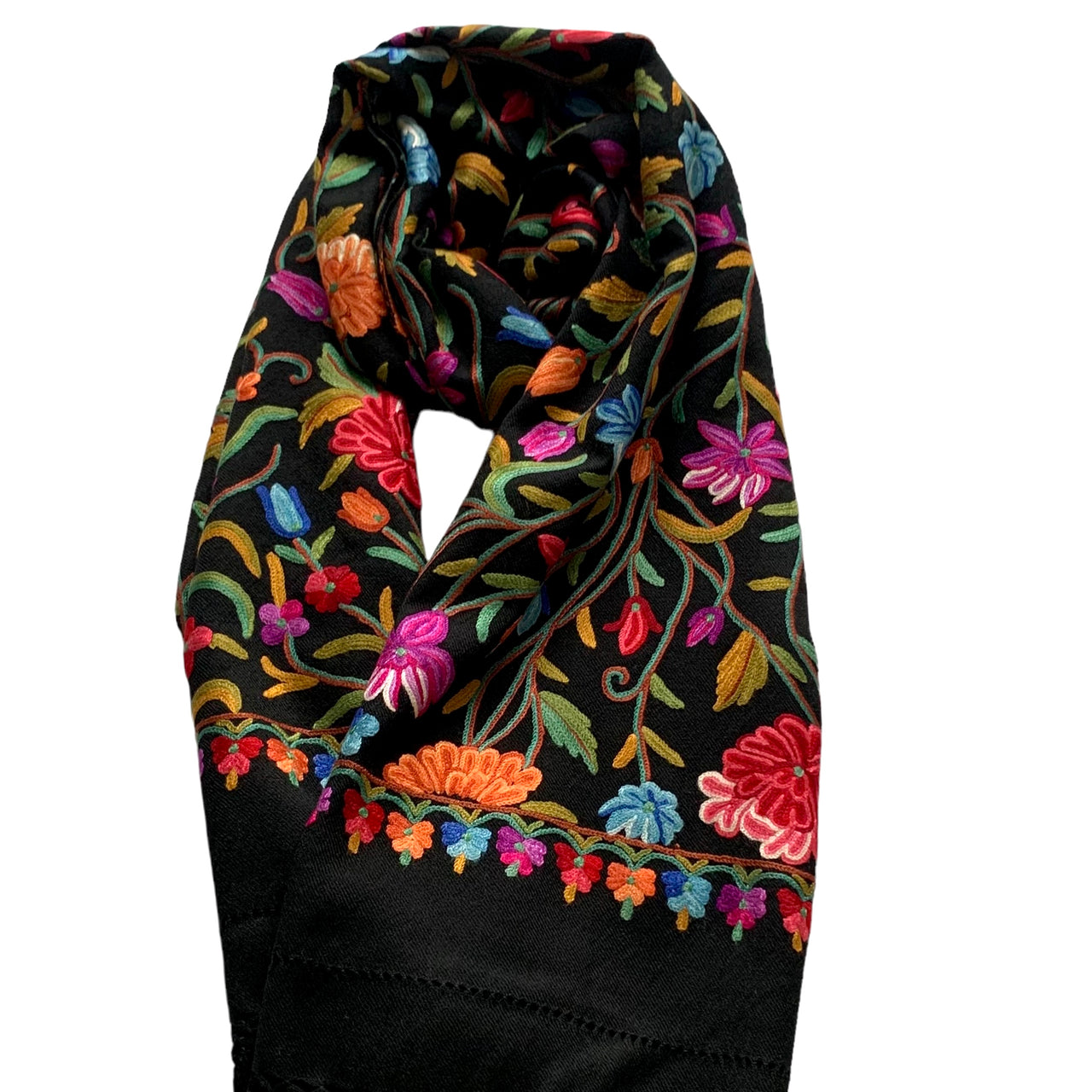 Gorgeous black hand Embroidered  wool Floral Scarf Shawl Stole Wrap